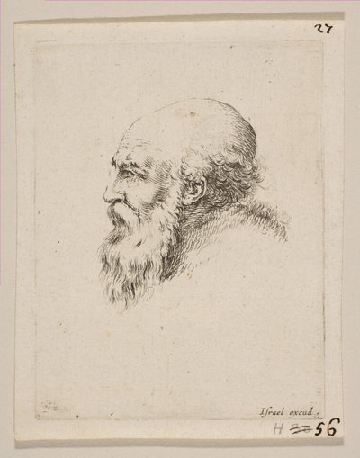 Head of a Bald and Bearded Old Man in Profile, fra Diverse hoder og figurer Diverses ..., 1650. av Stefano della Bella