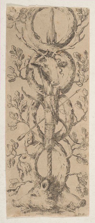 Hoder av en hjort og to villsvin i Rinceaux of Oak Branches, ca. 1653. av Stefano della Bella