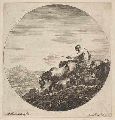 Gjeter til hest driver dyr, fra Seks dyrefag Six sujets danimaux, ca. 1646. av Stefano della Bella