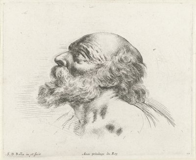 Hodet til en skallet gammel mann med skjegg, i profil til venstre (muligens St. Peter) Grunnleggende om tegning (serietittel) I principii del disegno (serietittel) av Stefano della Bella