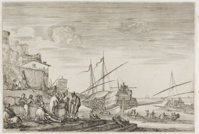 Utsikt over havnen i Livorno: Hus med utsikt over en havn av Stefano della Bella