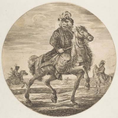 Ungarsk rytter rir mot høyre, andre ryttere i bakgrunnen, et sirku..., ca. 1651. av Stefano della Bella