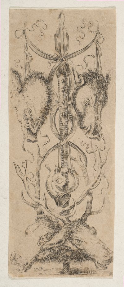 Jakttrofé med hjorthoder i bunnen, ca. 1653. av Stefano della Bella