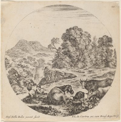 Landskap med dyr og to sittende hyrder, 1646. av Stefano della Bella