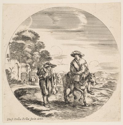 Landskap med to bønder, en som rir på en hest, fra landskap og havner Paysages ..., 1656. av Stefano della Bella