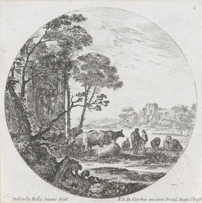 Landskap med flokk og korintisk hovedstad Landskap og ruiner i Roma (serietittel) Paysages et ruines de Rome (serietittel) av Stefano della Bella