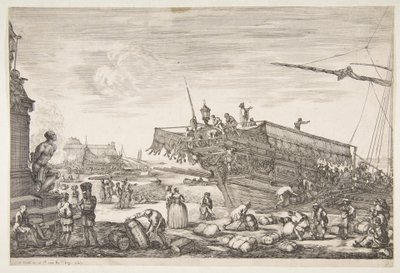 Laster en bysse, fra utsikt over havnen i Livorno Vues du port de Livourne, 1654-55. av Stefano della Bella