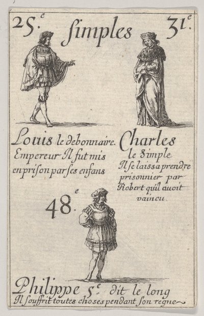 Louis le debonnaire... Charles le Simple, fra Game of the Kings of France Jeu des Rois..., 1644. av Stefano della Bella