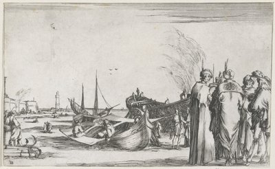 Menn i samtale på kaia Maritime forestillinger (serietittel) Suite de huit marines (serietittel) av Stefano della Bella