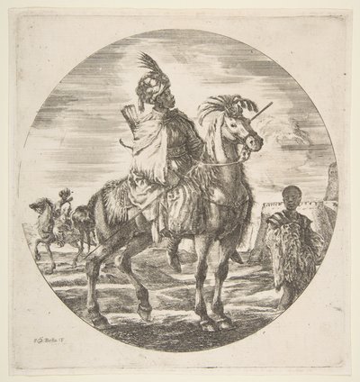 Maurisk rytter i profil vendt mot høyre, en svart slave holder en pels til høyre, en annen..., ca. 1651. av Stefano della Bella