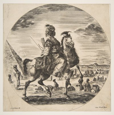 Maurisk rytter i profil mot høyre, i bakgrunnen en pyramide til venstre, mange fi..., ca. 1651. av Stefano della Bella