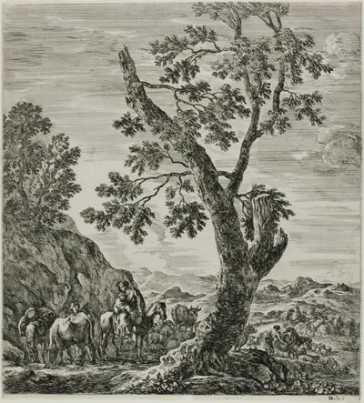 Mounted Peasant with a Child in Her Arms, plate seks fra The Six Large Views of Roma and the Campagna av Stefano della Bella