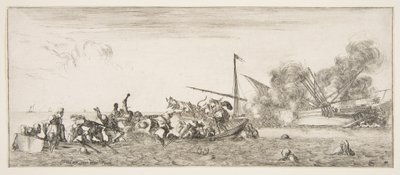 Sjøslag, en robåt fylt med folk som kjemper med musketter til venstre, folk drukner..., ca. 1641. av Stefano della Bella