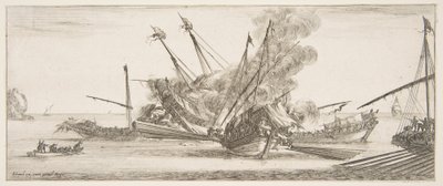 Sjøkamp, et skip i sentrum, sett bakfra, skyting mot fire fiendtlige skip, et annet ..., ca. 1641. av Stefano della Bella