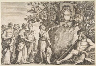 Ornamentdesign for en avhandling, Strozzis våpenskjold øverst, ca. 1660. av Stefano della Bella