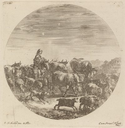 Bonde sitter på en hest med kuer, sauer og geiter. av Stefano della Bella