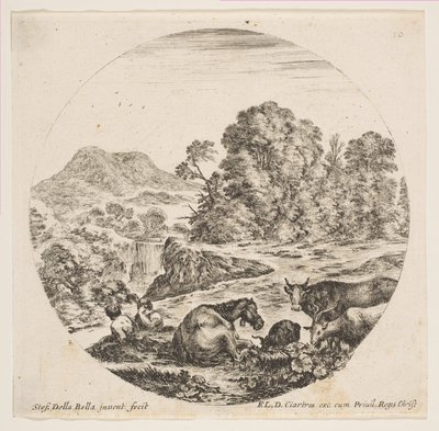 Plate 10: en hest som ligger i midten, en ku og to geiter til høyre, to sittende sauer..., ca. 1646. av Stefano della Bella
