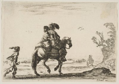 Plate 10: en rytter og en kvinne, sett bakfra, rir mot høyre med en ung ..., 1642. av Stefano della Bella