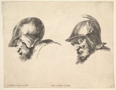 Plate 10: to hoder av gamle soldater med hjelmer, begge vendt mot venstre og ser ned..., ca. 1641. av Stefano della Bella