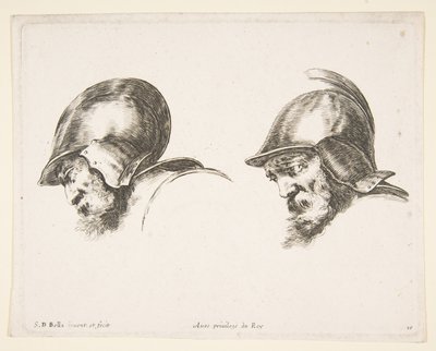 Plate 10: to hoder av gamle soldater med hjelmer, begge vendt mot venstre og ser ned..., ca. 1641. av Stefano della Bella