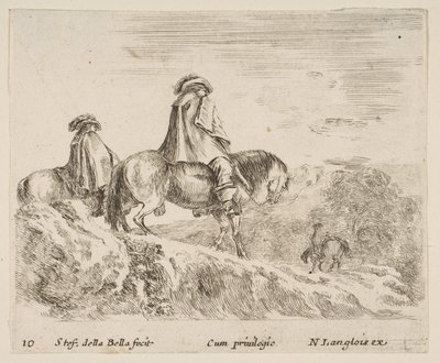 Plate 10: to ryttere som går ned et fjell til venstre, en annen rytter til høyre i ..., ca. 1644-47. av Stefano della Bella