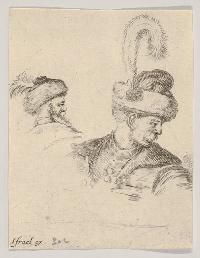 Plate 11: en polsk byste i profil, dreid mot høyre, et annet polsk hode sett fra..., ca. 1649. av Stefano della Bella