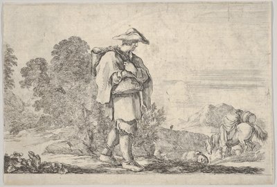 Plate 11: en bonde med hatt i midten, gående mot høyre, en hest ned..., ca. 1641. av Stefano della Bella