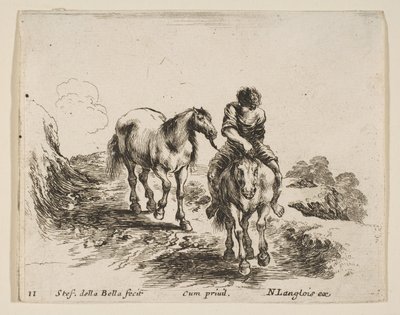 Plate 11: en ung rytter, sett forfra, som leder en annen hest, fra Diver..., ca. 1644-47. av Stefano della Bella