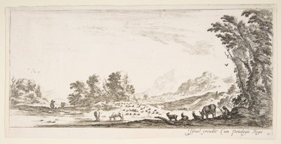 Plate 11: gjeterinne som sitter til høyre under et tre og ser på flokken hennes til venstre..., ca. 1641. av Stefano della Bella