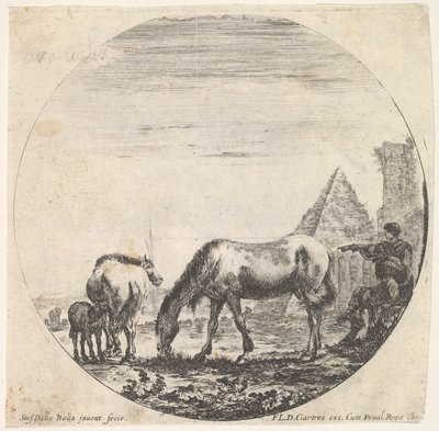 Plate 11: pyramiden til Caius Cestius til høyre i bakgrunnen, en hest som beiter ..., ca. 1643-48. av Stefano della Bella
