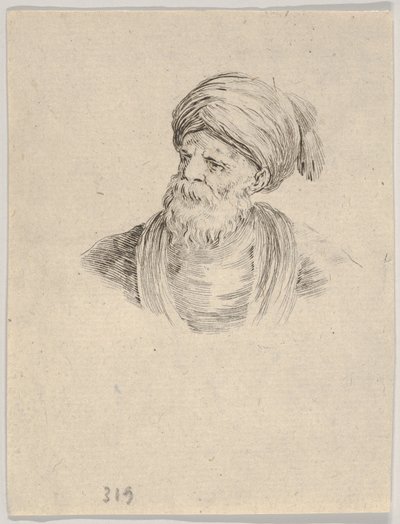 Tavle 12: Byste av en gammel tyrkisk mann med turban, som ser mot venstre, fra «Forskjellige hoder og figurer» av Stefano della Bella