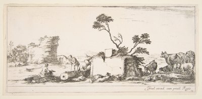 Plate 12: en sittende tegner til venstre, en stående gjeter ved siden av seg til høyre, ruin..., ca. 1641. av Stefano della Bella