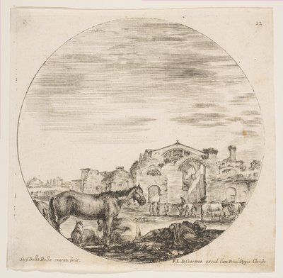 Plate 12: en hyrde som sover på bakken til høyre, tre hester til venstre, andre hester..., ca. 1646. av Stefano della Bella