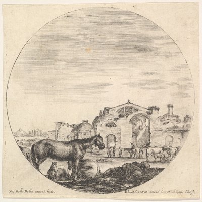 Plate 12: en hyrde som sover på bakken til høyre, tre hester til venstre, andre h..., ca. 1643-48. av Stefano della Bella