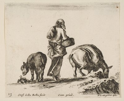Plate 13: en bondekvinne, sett bakfra, med en kurv i midten, et esel..., ca. 1644-47. av Stefano della Bella