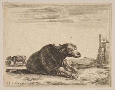 Plate 13: bøffel liggende, fra Diverse dyr Diversi animali, ca. 1641. av Stefano della Bella