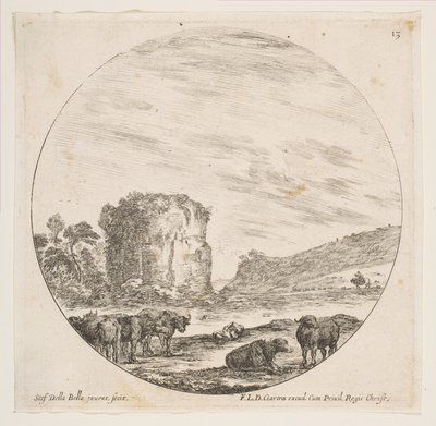Plate 13: ruiner av et tempel i et romersk landskap, fra romerske landskap og ruiner P..., ca. 1646. av Stefano della Bella