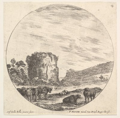 Plate 13: ruiner av et gammelt tempel i bakgrunnen, en flokk med kyr i forkant..., ca. 1643-48. av Stefano della Bella