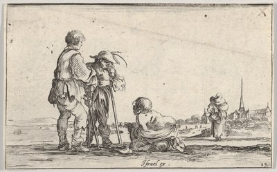 Plate 13: to bønder som står til venstre, en krøpling kneler på bakken i midten, en..., ca. 1642. av Stefano della Bella