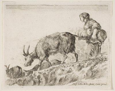 Plate 14: gjeterinne som gjeter geiter, fra Diverse dyr Diversi animali, ca. 1641. av Stefano della Bella