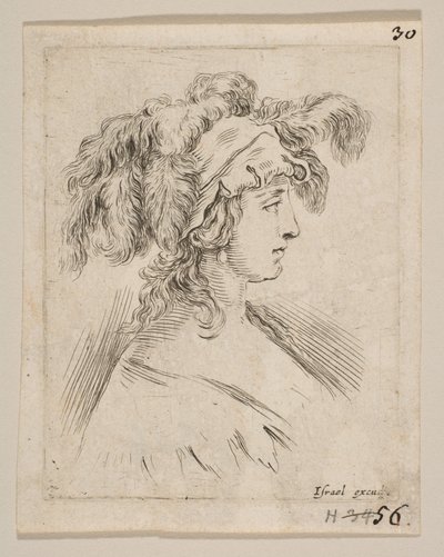 Plate 15: Midt i bysten av en ung kvinne i profil med en hatt toppet med fjær, fra..., ca. 1649. av Stefano della Bella