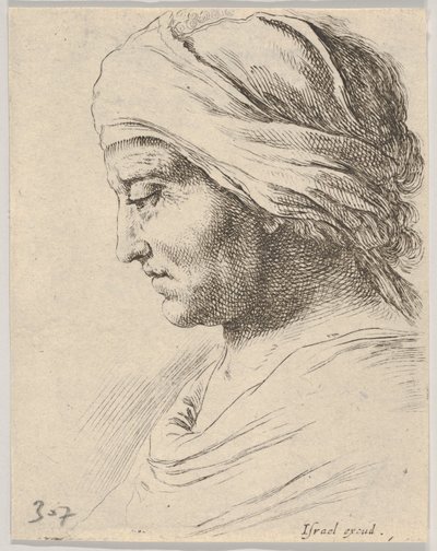 Plate 16: hodet til en gammel mann i profil med et tøy knyttet rundt hodet, fra The B..., ca. 1649. av Stefano della Bella