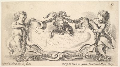 Plate 17: en kartusj med et marmorsenter, et spedbarn på hver side som holder en kransove..., 1646. av Stefano della Bella