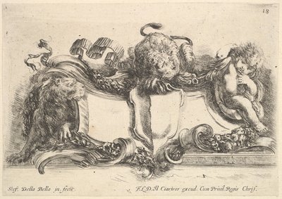 Plate 18: en kartusj som inneholder en tom emblem, to løvinner, en til venstre og en i århundre..., 1646. av Stefano della Bella