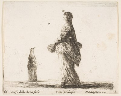 Plate 18: en adelig kvinne som går mot venstre med en fjærkledd vifte, en annen kvinne..., ca. 1644-47. av Stefano della Bella