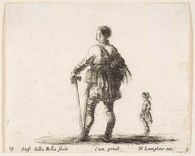 Plate 19: en polsk adelsmann i hoffdrakt, stående i midten, sett bakfra, en..., ca. 1644-47. av Stefano della Bella