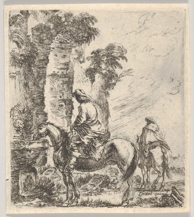 Plate 19: en rytter som får hesten sin til å drikke fra et basseng med en fontene til venstre, en annen h..., ca. 1646. av Stefano della Bella