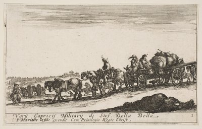 Plate 1: En hestevogn som frakter mennesker og varer, død hest i forgrunnen, f..., ca. 1641. av Stefano della Bella