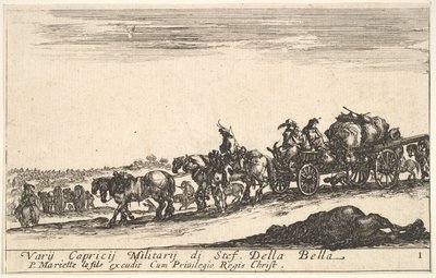 Plate 1: En hestevogn som frakter mennesker og varer, død hest i forgrunnen, f..., ca. 1641. av Stefano della Bella