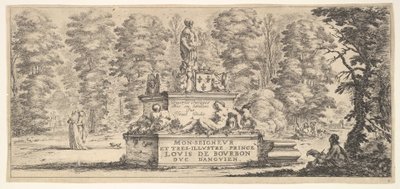 Plate 1: et monument med statuer og et våpenskjold i midten, en tegner på..., ca. 1641. av Stefano della Bella